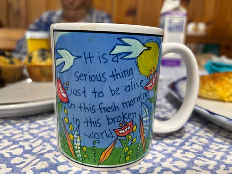 The photo on the left shows a mug with an inspirational quote on it. The other two photos are of a fountain pen.