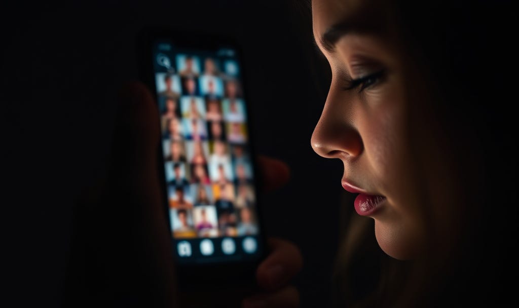 Close-up of a woman’s face illuminated by her phone screen, which shows multiple dating app profiles. Close-up of a woman’s face illuminated by her phone screen, which shows multiple dating app profiles.
