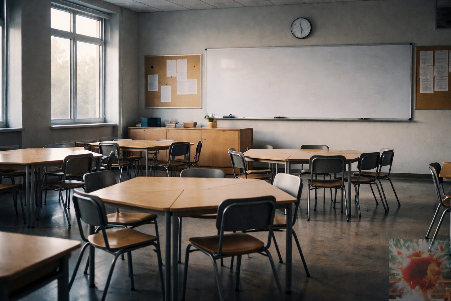 Quiet, empty high school classroom in early morning light with clustered tables and a clean whiteboard, prepared for focused learning. Quiet, empty high school classroom in early morning light with clustered tables and a clean whiteboard, prepared for focused learning.