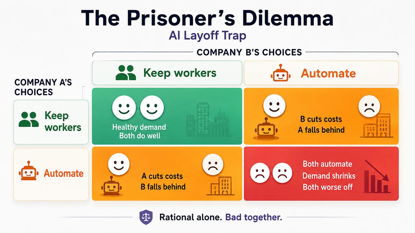 Prisoner’s Dilemma matrix showing how two companies choosing between keeping workers and automating can leave both worse off.