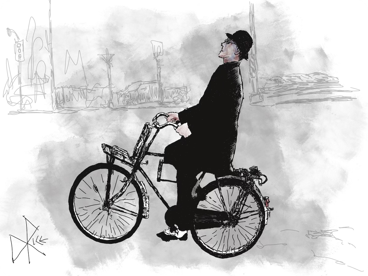 A well dressed bespectacled man, in a suit and bowler hat, on his bike. Ride on dude! Sketch art by Don Rice. A well dressed bespectacled man, in a suit and bowler hat, on his bike. Ride on dude! Sketch art by Don Rice.