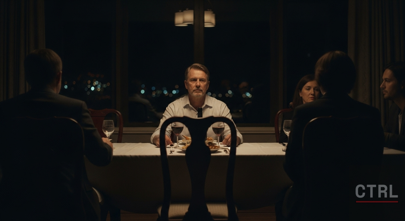 A middle-aged man sits at a dinner table at night, surrounded by others whose faces fade into shadow, symbolizing distance and change within personal circles. A middle-aged man sits at a dinner table at night, surrounded by others whose faces fade into shadow, symbolizing distance and change within personal circles.
