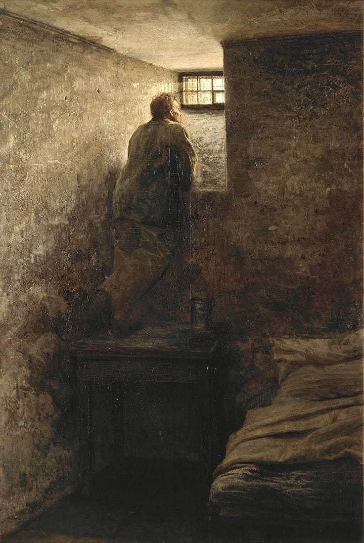 This may contain: a painting of a man looking out the window