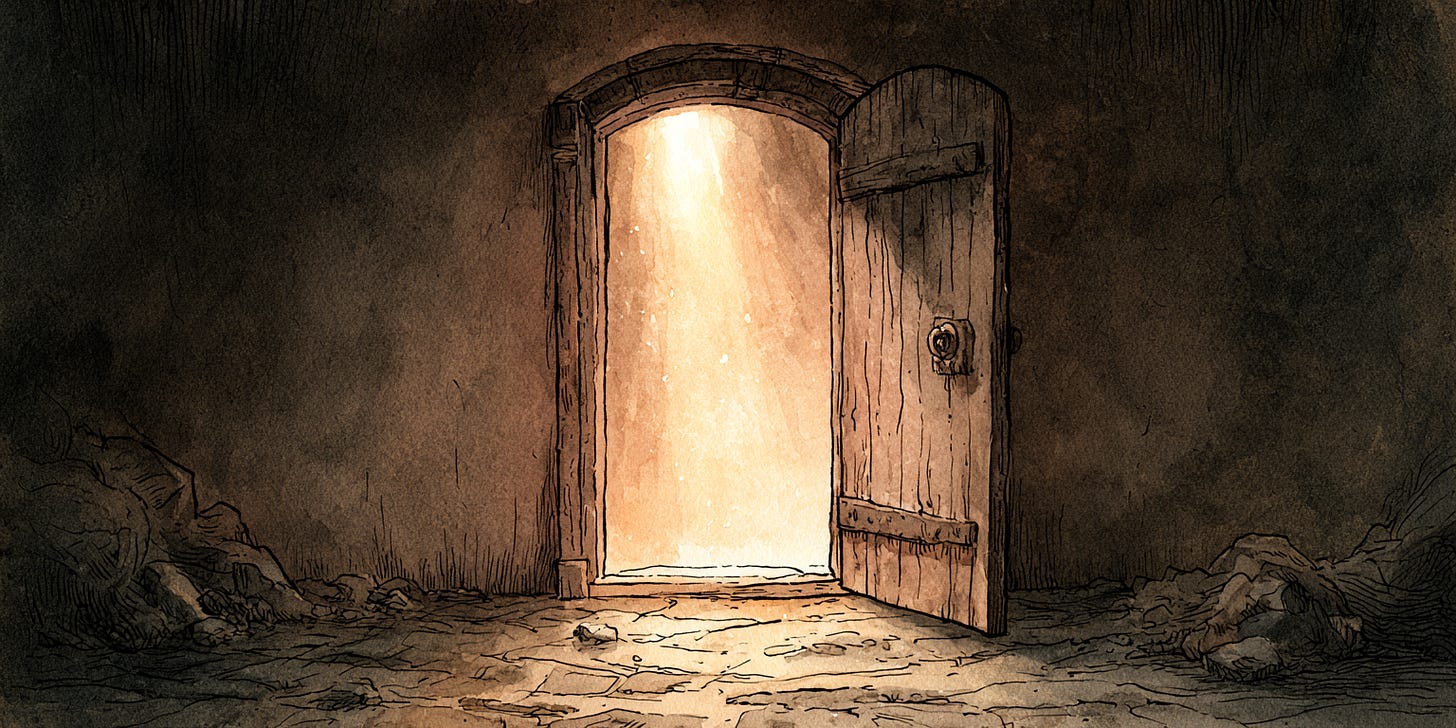 Watercolour and ink illustration of a heavy wooden door standing open in a dark stone room. Warm golden light falls through the doorway onto the rough stone floor. The room is dim and still. Nobody is crossing the threshold.