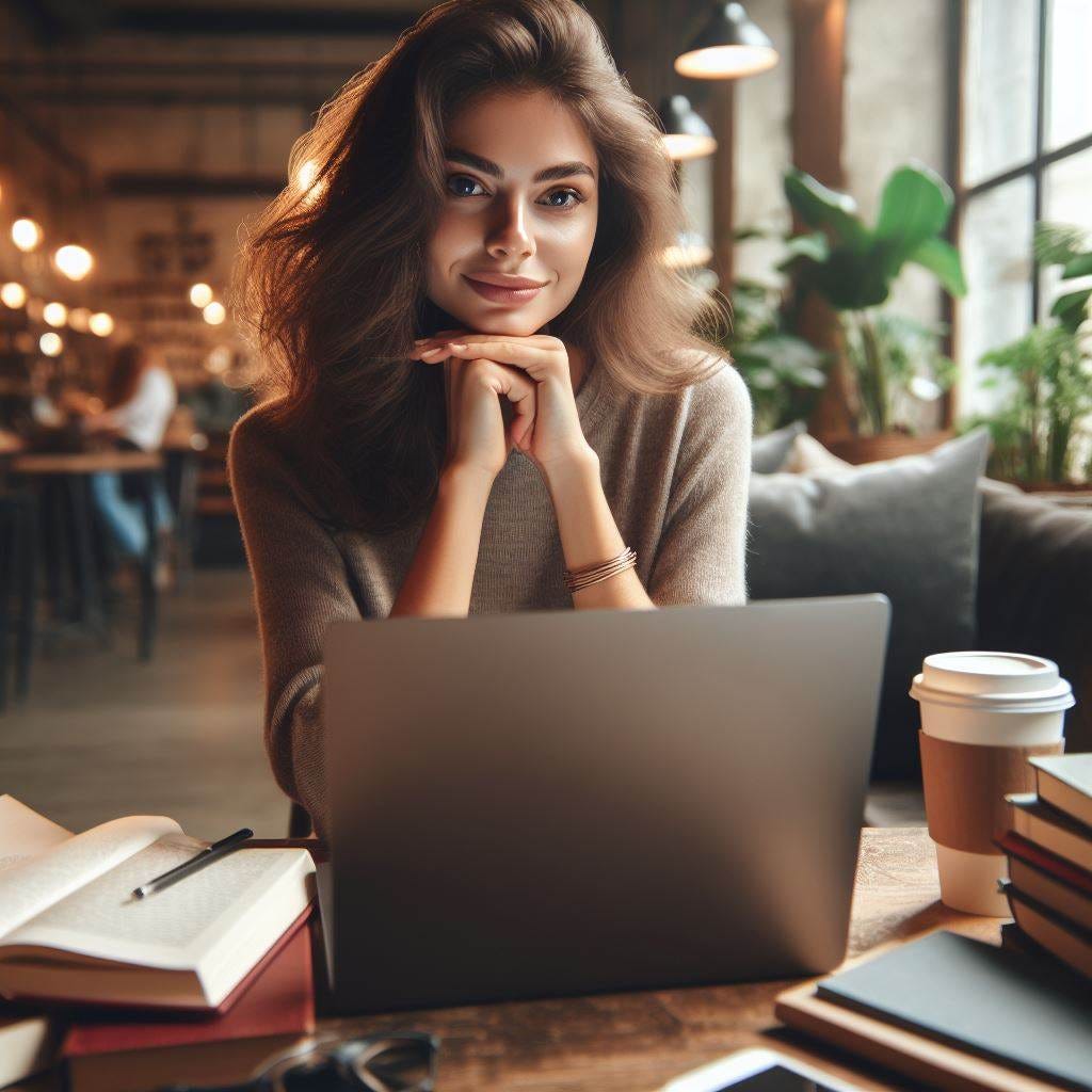 An beautiful young author working diligently on their laptop in a coffeehouse.