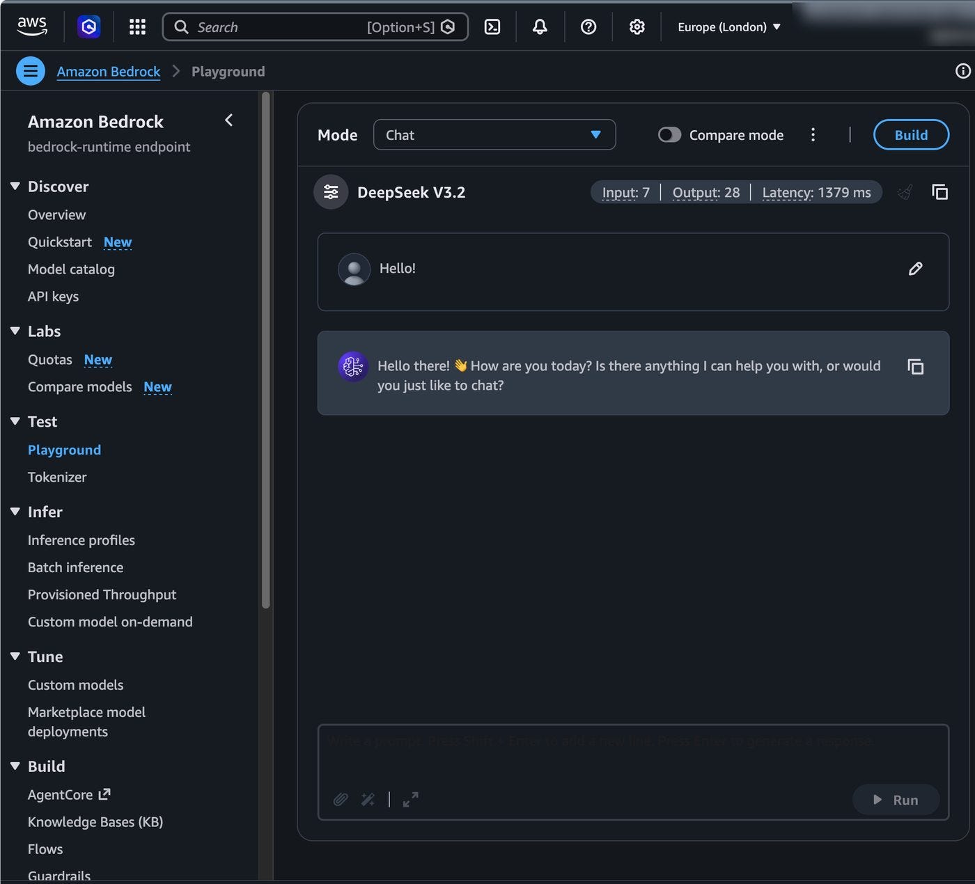 Playground with DeepSeek V3.2. Input and output token counts and latency show up next to the model name. Playground with DeepSeek V3.2. Input and output token counts and latency show up next to the model name.