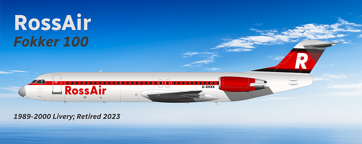 A RossAir Fokker 100 twinjet illustrating the change from 1) 1964-2000 "Founder's Livery", to 2) new 2000 "21st Century Livery".