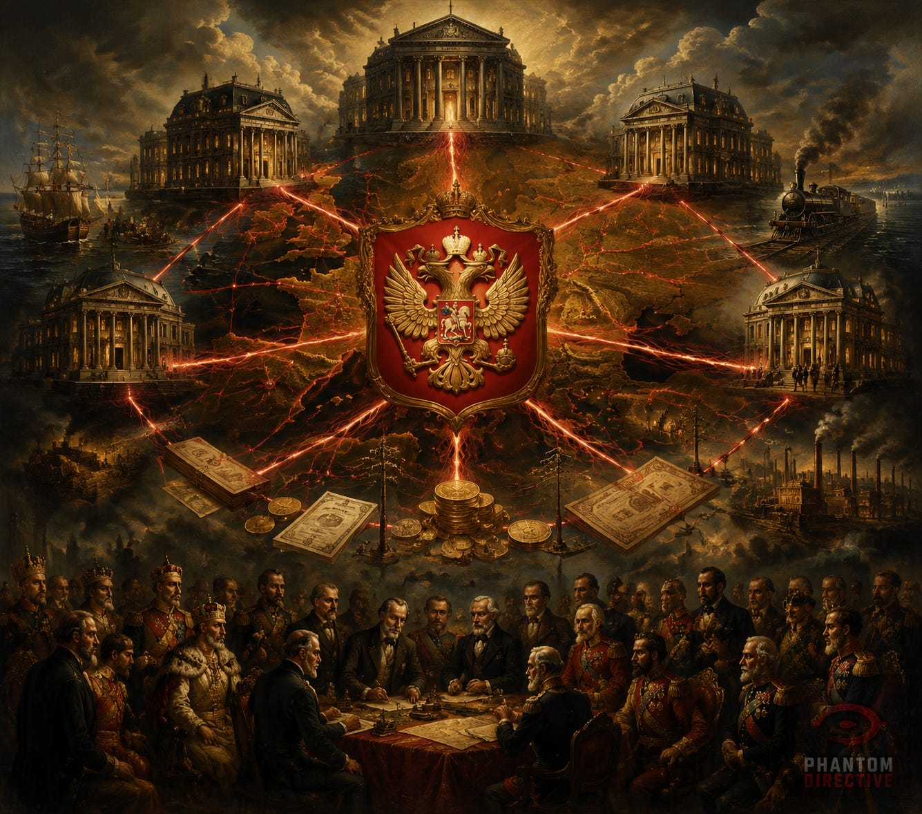 An allegorical representation of the Rothschild network after 1849: finance became the connective tissue of empire. Capital, sovereign debt, diplomacy, infrastructure, and war converged through an international financial system that increasingly linked governments to private banking.