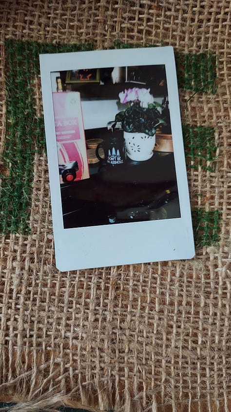 A collage of instant photographs of coffee mugs or a white, bald, bearded man drinking coffee