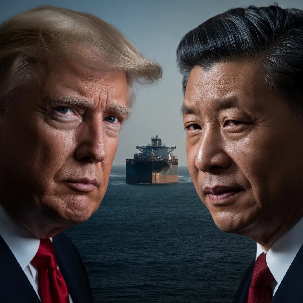 Donald Trump and Xi Jinping facing each other with an oil tanker on dark water between them — Trump, China, Strait of Hormuz, supply chain, western dependency, de-dollarisation, Operation Epic Fury, Art of War-https://bit.ly/4uJwr8A
