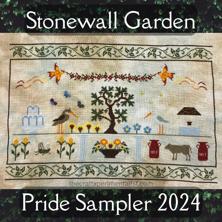 Stonewall Garden uses the elements of traditional samplers to represent the queer experience. Each motif was selected and placed with care according to its historical meaning within needlework. Together, they tell the story of the endurance, diversity, and community found in our shared queer history. And of course, you’ll find all the colors of the rainbow Pride flag.