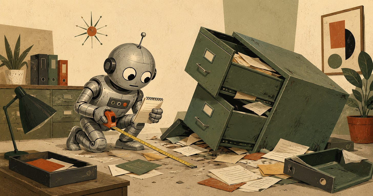 Mid-century editorial illustration of a small silver robot crouching beside a toppled filing cabinet, papers scattered across the floor, holding a tape measure and notepad. The scene has the feel of a forensic investigation — something already happened here and the robot is documenting the aftermath.