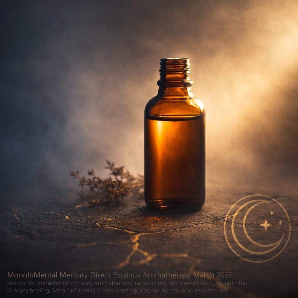 MoonInMental aromatherapy image for Mercury direct and spring equinox week March 2026. Amber bottle emerging from fog into golden light on cracked stone surface representing nervous system transition from retrograde fog to clarity.