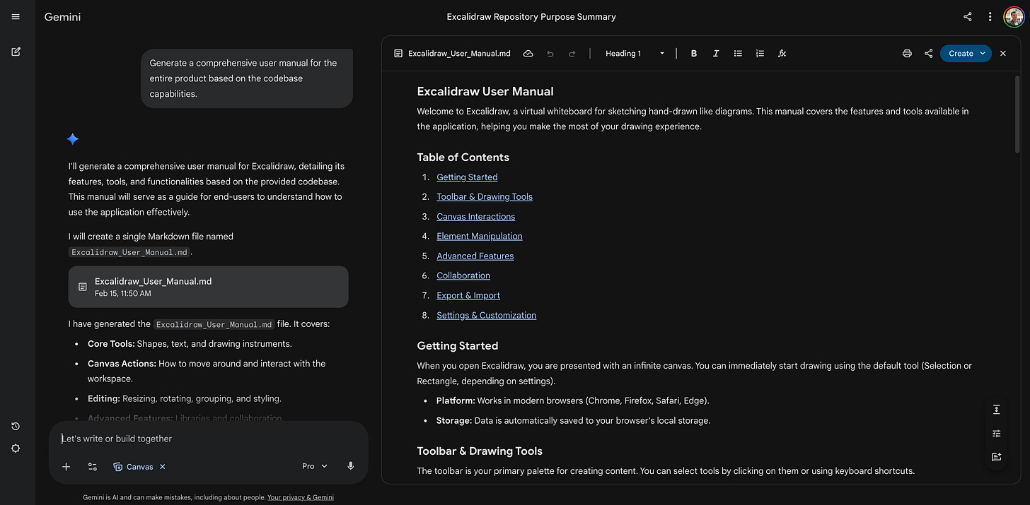 Screenshot showing the Gemini chat interface on the left and a generated "Excalidraw User Manual" in the side panel on the right.