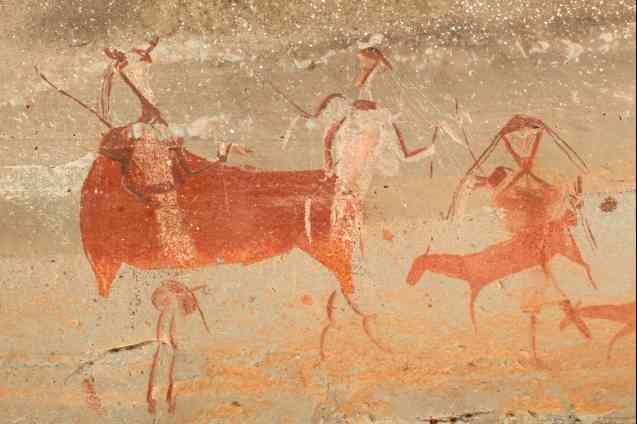 Samuel Daniell, Portrait of a KhoiKhoi, a San and Tswana men ('Hottentot, Bosjesman, Booshwana'), 1820.; Khoikhoi Fording a Stream, 1700; African Ox and Khoi Couple; 1700-1730; Khoi Women Dancing. Vijf danssende Hottentottinnen, 1700-1740; Khoi Women and Dutch Colonist., 1700-1740; Engraving of Khoikhoi figures and dwellings ~1700; Illustration or stylized image of San figures and cattle; uKhahlamba–Drakensberg "Rain-Bull Scene, 1000 BCE-40 CE