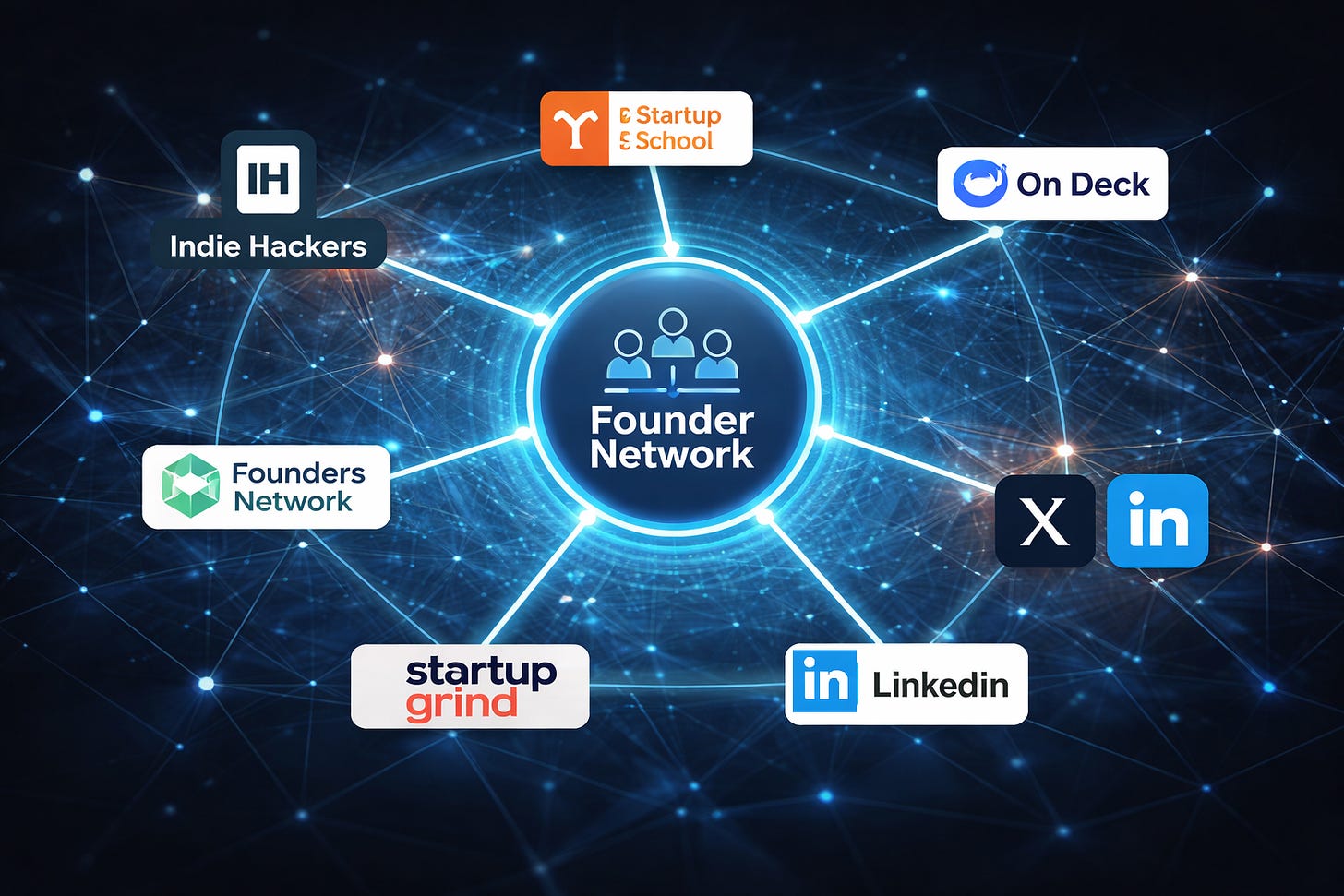 Founder network diagram showing connections between Indie Hackers, YC Startup School, On Deck, Founders Network, Startup Grind, X, and LinkedIn Founder network diagram showing connections between Indie Hackers, YC Startup School, On Deck, Founders Network, Startup Grind, X, and LinkedIn