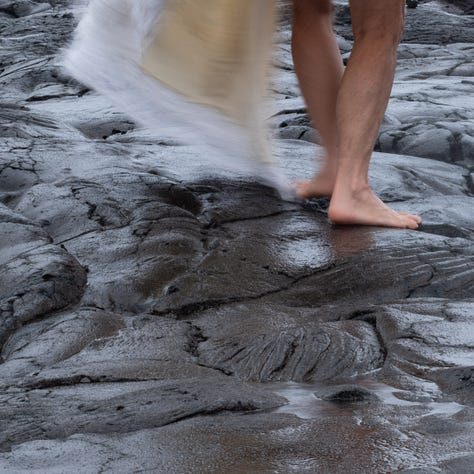 Triptych: Bare feet walking on lava; Boots on gravel and a brown dog looking at the camera wanting to play fetch.
