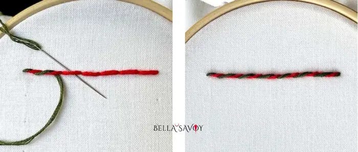 needle sliding under a back stitch to create the whipped back stitch on te left. Completed on the right