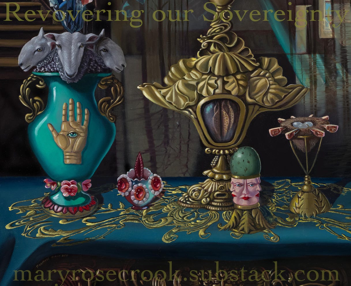surreal table setting with dark blue green tablecloth with gold rococo embroidery, objects with living creatures and faces, baroque style design