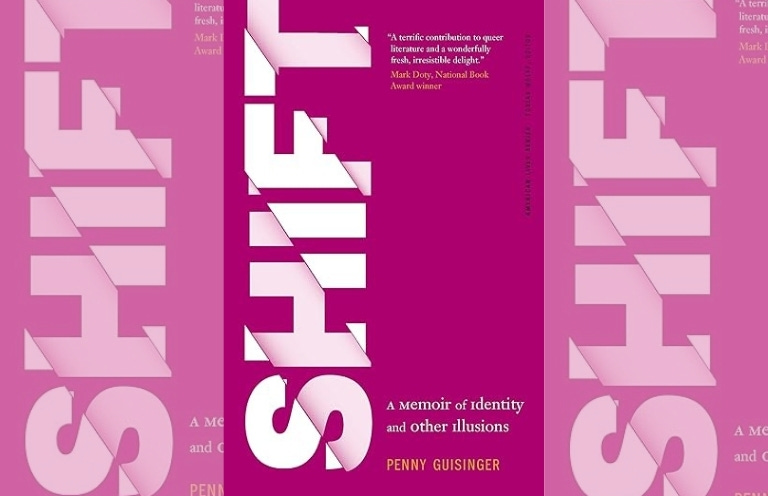 Image is the book cover for SHIFT by Penny Guisinger; title card for the new interview with Michele Sharpe.