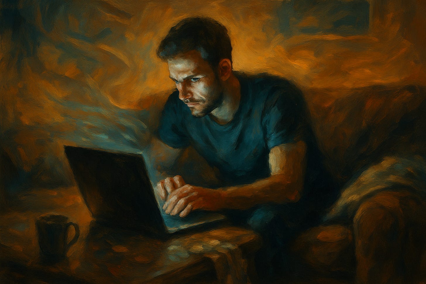 A surreal oil painting shows a man sitting on a couch at night, leaning forward and staring intently at a glowing laptop. Cool blue light from the screen illuminates his concentrated expression, while the room around him dissolves into warm, swirling brushstrokes of amber and deep shadows. A mug sits on the table beside him, and a blanket drapes over the couch, grounding the scene as the edges warp into dreamy, abstract shapes that emphasize his intense focus.