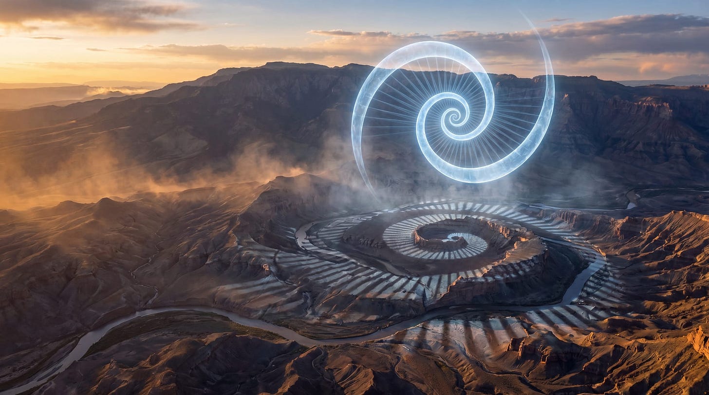 A glowing prime number spiral hovers above mountains at dawn, its mathematical patterns echoed in the rivers and terrain below A glowing prime number spiral hovers above mountains at dawn, its mathematical patterns echoed in the rivers and terrain below