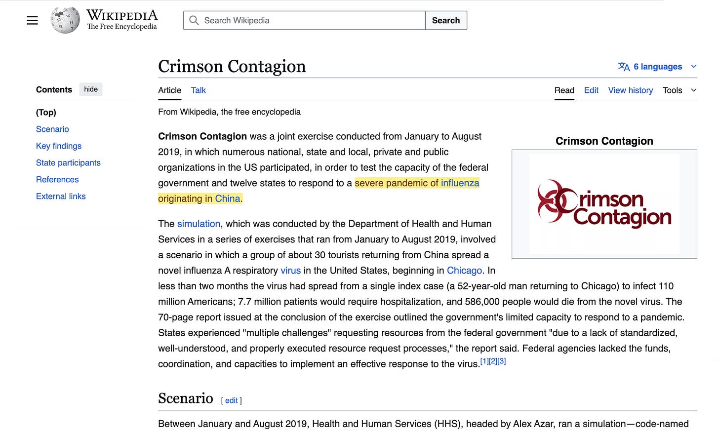 August 2019 Crimson Contagion pandemic simulation, showing a fictional H7N9 influenza outbreak spreading globally, with projected lockdowns, hospital overloads, and major U.S. casualties.