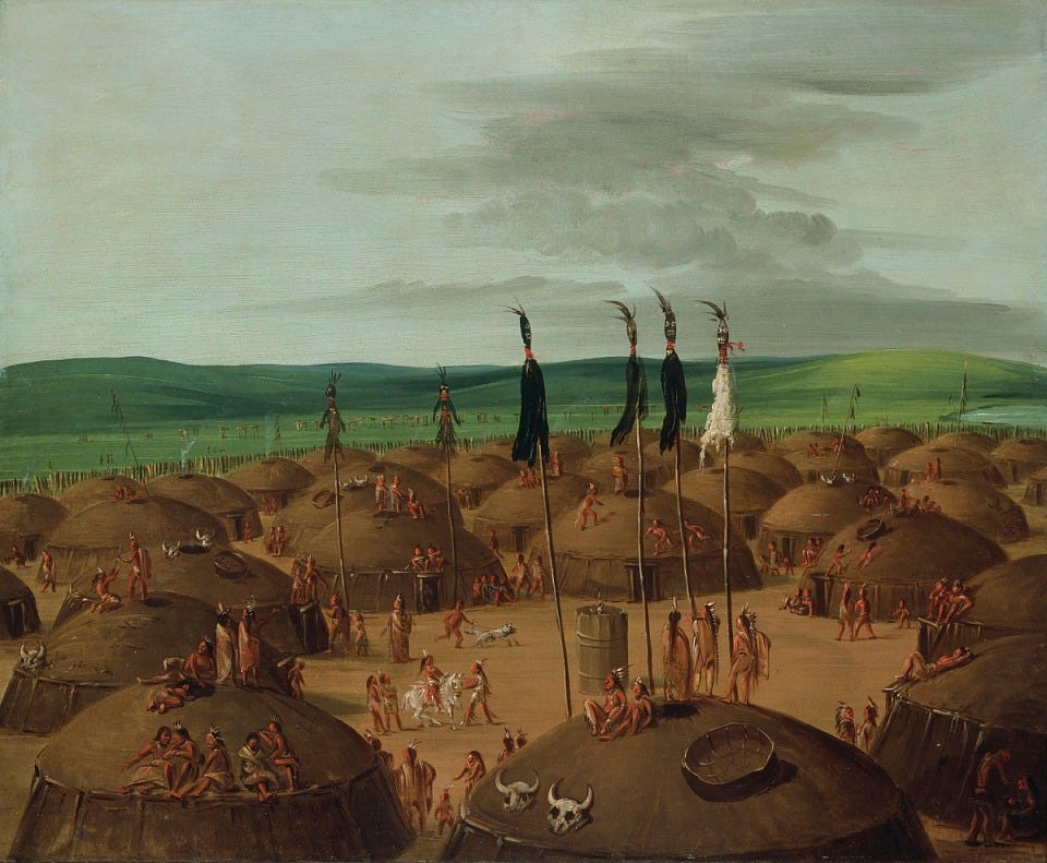 George Catlin, Bird's-eye View of the Mandan Village, 1800 Miles above St. Louis, 1837-1839, oil on canvas, Smithsonian American Art Museum, Gift of Mrs. Joseph Harrison, Jr., 1985.66.502