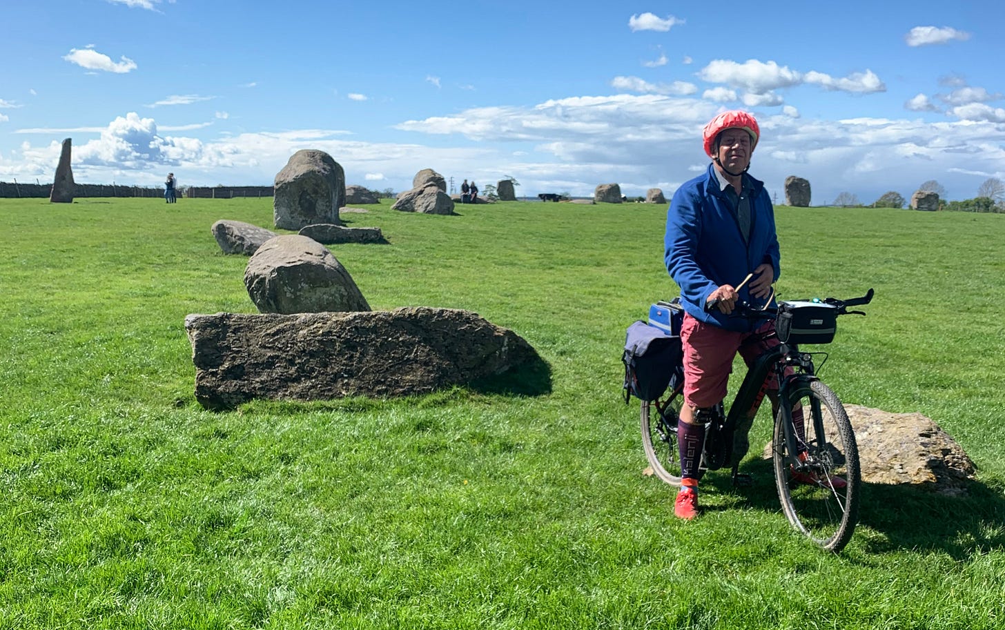 Author and cycle "the Beast", at Long Meg [photo: Stan Abbott