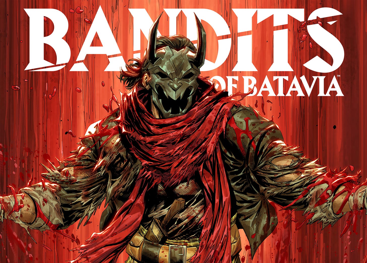 Black Bull's clothing is battle damaged with blood all over him. White Bandits of Batavia logo behind him. Red background.