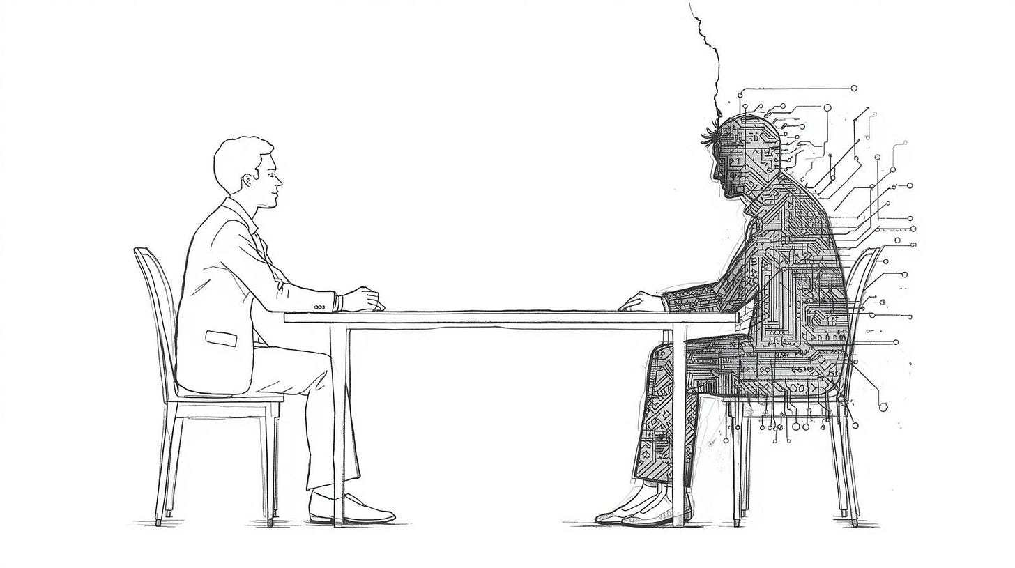 A job candidate leans toward an interviewer whose face is cracked open to reveal circuitry inside