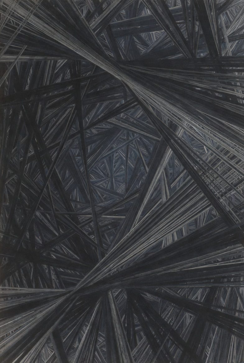 A photograph of abstract artwork "The Art of Navigating Recursive Timelines" with dark, layered lines in a complex network pattern.