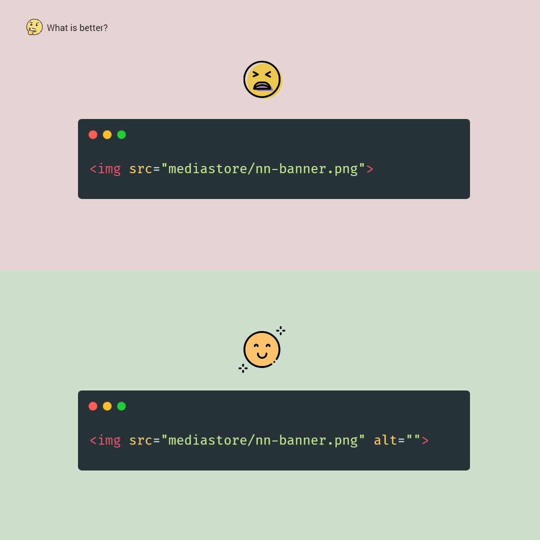 A wrong code. I don't define the alt attribute. A correct code. I define the empty alt attribute