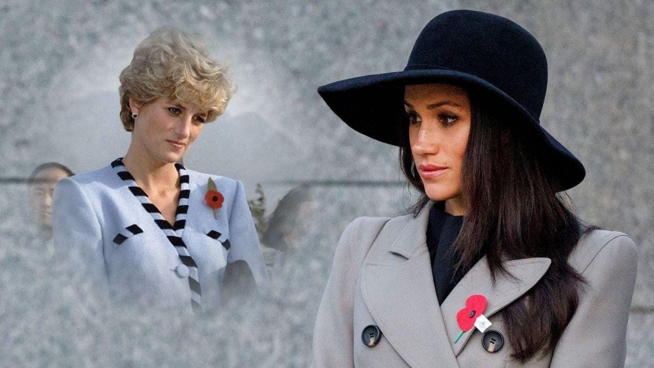 Split photo of Princess Diana and Meghan Markle