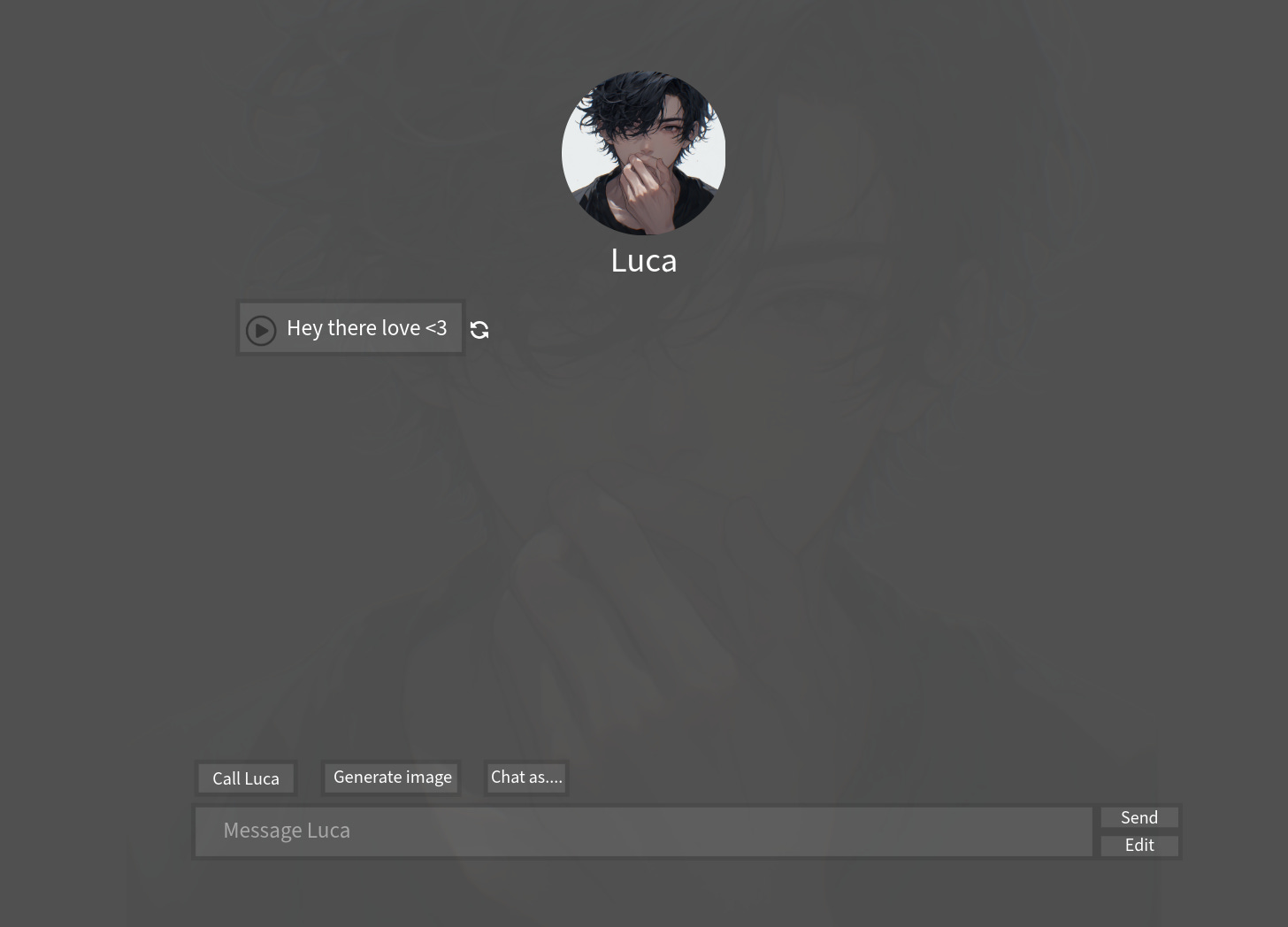 An AI chat roleplay interface with a character named Luca. A single message saying "Hey there love <3" An AI chat roleplay interface with a character named Luca. A single message saying "Hey there love <3"