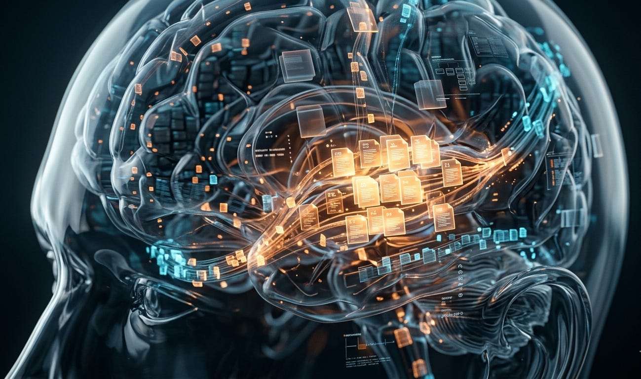 Glass brain model with glowing data packets in blue and orange, illustrating internal processes. Glass brain model with glowing data packets in blue and orange, illustrating internal processes.