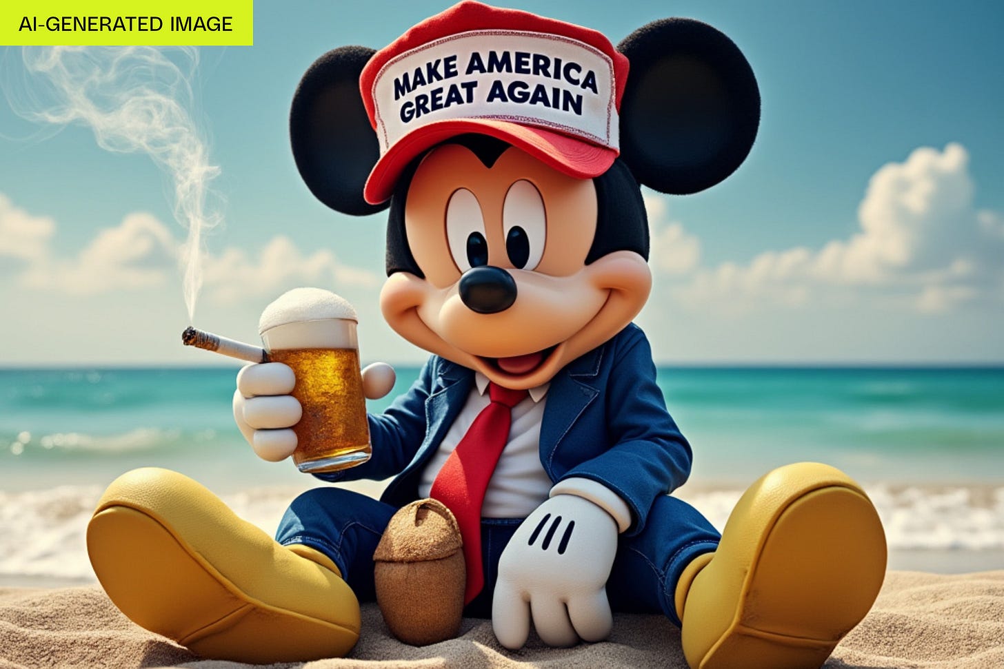 An AI-generated image of Mickey Mouse holding a beer and cigarette wearing a MAGA hat. An AI-generated image of Mickey Mouse holding a beer and cigarette wearing a MAGA hat.