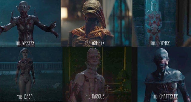 A collage of six different Cenobites from the 2022 Hellraiser, including The Weeper, The Asphyx, The Mother, The Gasp, The Masque, and The Chatterer.