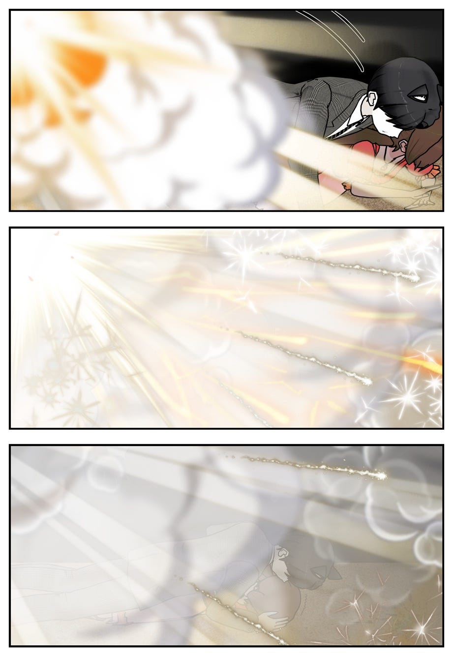 Ace throws himself over Jackie as a dramatic explosion ensues, sparks fly, and smoke obscures the room.
