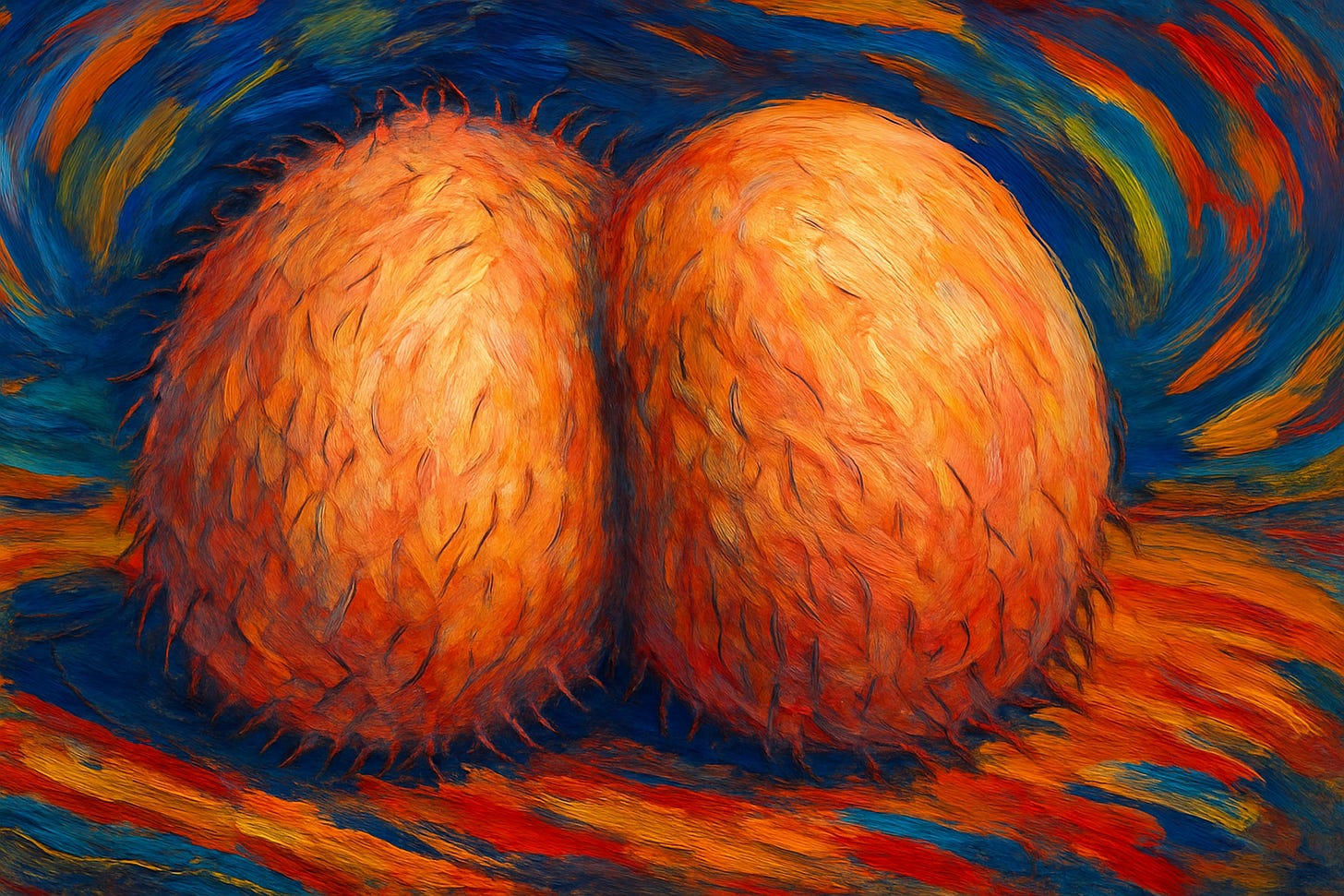 Expressionist painting of two large meaty bollocks, with swirling blue, orange, and red brushstrokes in the background. Expressionist painting of two large meaty bollocks, with swirling blue, orange, and red brushstrokes in the background.