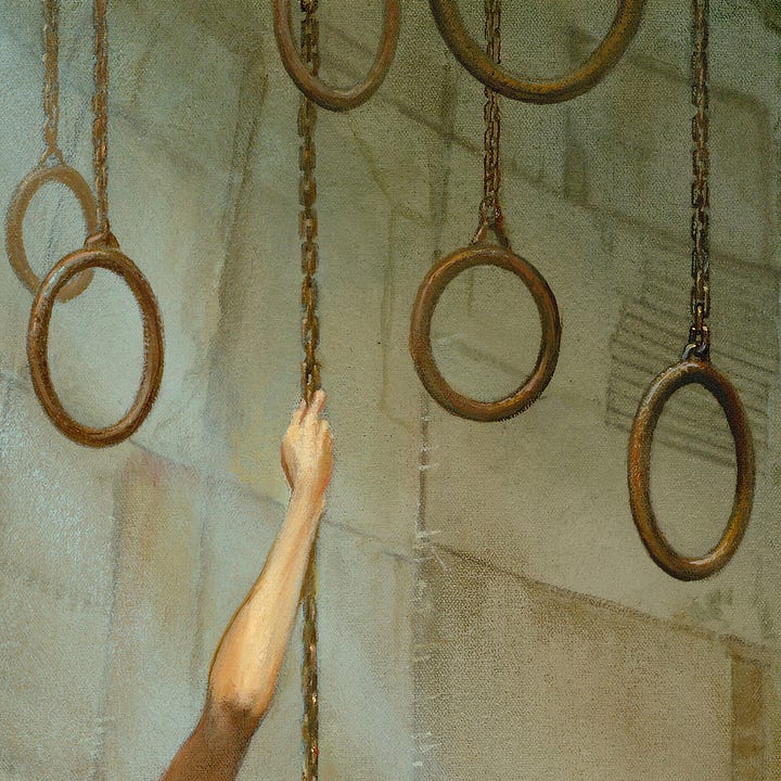 LEFT: Figure detail from SUSPENSION featuring a woman wrapped in sea green fabric holding herself up on a chain. One slender arm reaches up the length of the chain while she bears her weight with her other hand. Her head is hidden, ducking behind her lower arm almost in shame. Her knees are raised up so the cloth wraps over her midsection, under her thigh, and around her calf. Her feet are bound in a ring with another chain dangling down. RIGHT: Detail from SUSPENSION featuring the rusted metal rings hanging from chains at varying depths in a vast chamber made of slightly curving concrete panels.