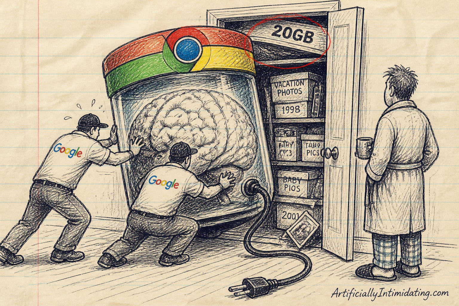 Editorial cartoon: two movers in Google shirts shove a giant brain in a glass jar banded with Chrome colours into a small apartment closet whose shelf is stencilled 20GB and circled in red, while a man in a bathrobe watches.