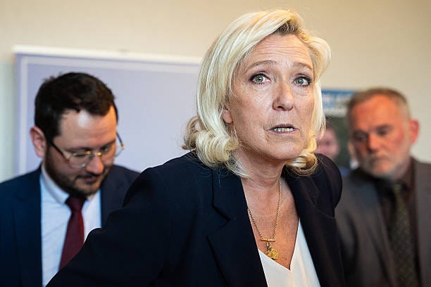 President of the Rassemblement National parliamentary group Marine Le Pen reacts during a press conference in support a local candidate for the... President of the Rassemblement National parliamentary group Marine Le Pen reacts during a press conference in support a local candidate for the...