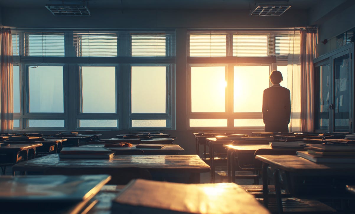 A female teacher stands near the windows of an empty urban middle school classroom. Rows of student desks fill the room, softly lit by warm sunlight.