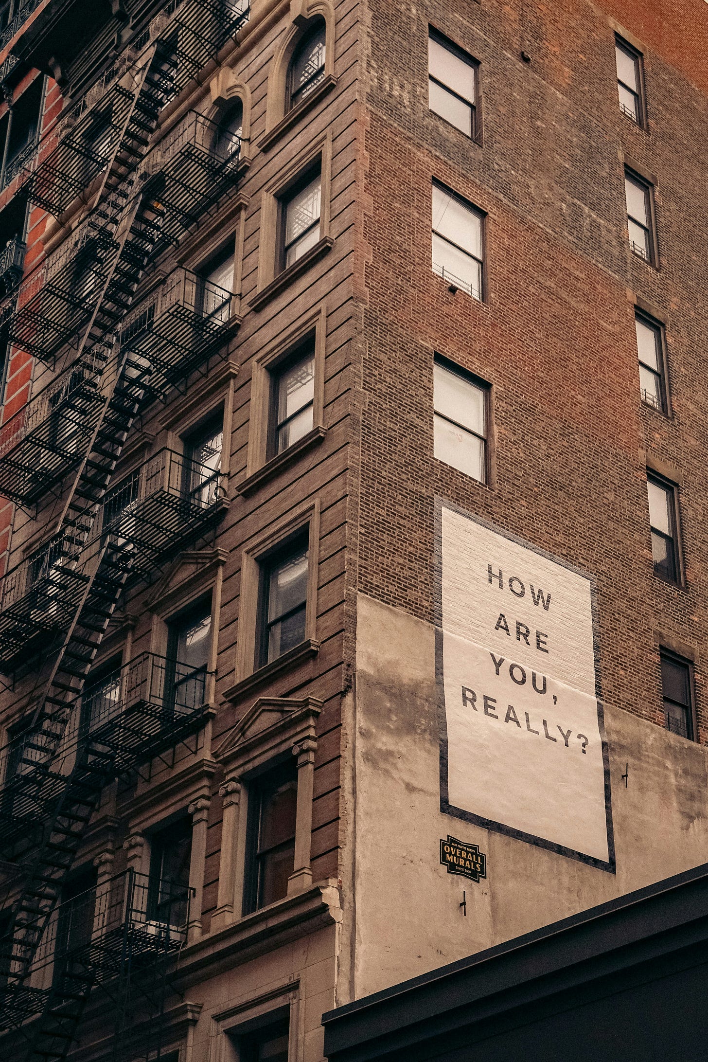 A photograph of an old brick wall building taken from a low angle. There are fire escape stairs on the left, and shut windows on the right. Below the windows is a large poster. The background is white and there is only bold text in all caps that reads, “HOW ARE YOU, REALLY?” A photograph of an old brick wall building taken from a low angle. There are fire escape stairs on the left, and shut windows on the right. Below the windows is a large poster. The background is white and there is only bold text in all caps that reads, “HOW ARE YOU, REALLY?”