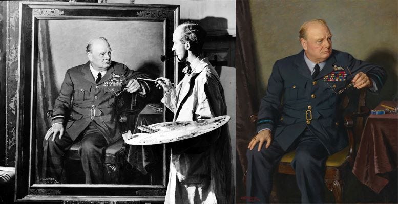 Figure 2: Douglas Chandor putting the finishing touches on Churchill’s portrait in March of 1946.
