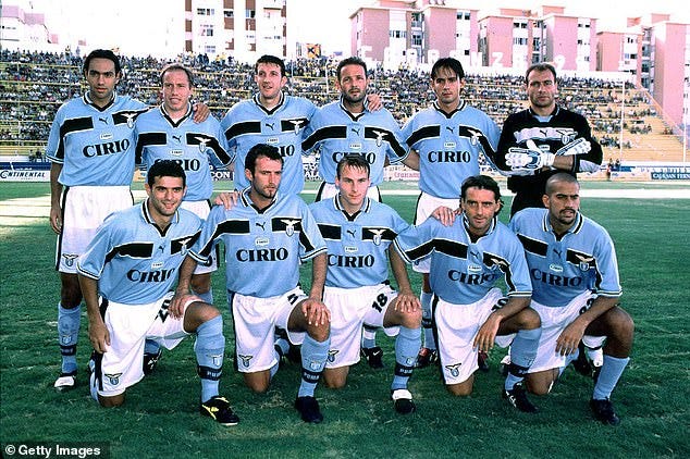 A squad photo of Lazio from the mid-1990s, including players such as Nedved, Veron, Mancini, Nesta and Mihajlović. A squad photo of Lazio from the mid-1990s, including players such as Nedved, Veron, Mancini, Nesta and Mihajlović.