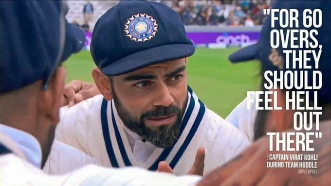 Kohli's team talk before the fourth innings at Lord's, 2021