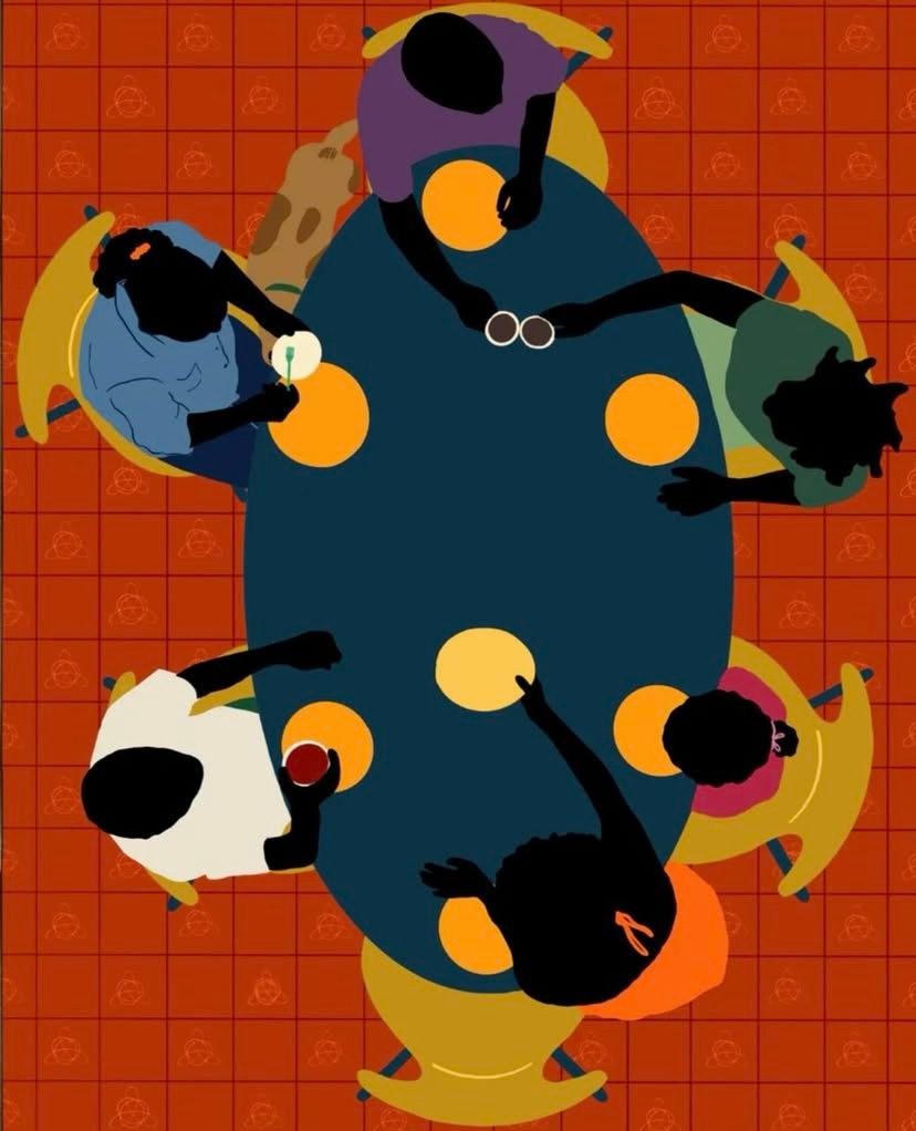 Illuatration of a group of people sitting around a table and drinking coffee
