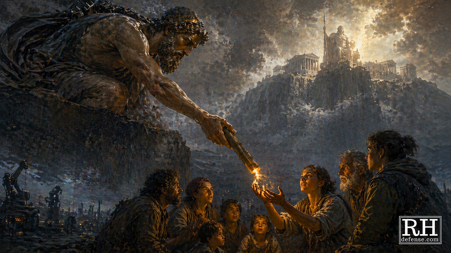 Prometheus leans down from a dark cliff to give a glowing spark of fire to a group of humans, while Olympus looms in the stormy distance.